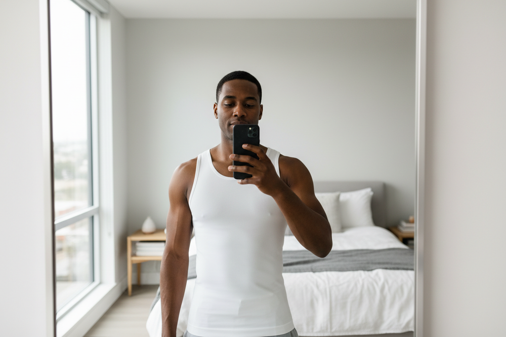 Selfie miroir chambre - mannequin métisse vue complète