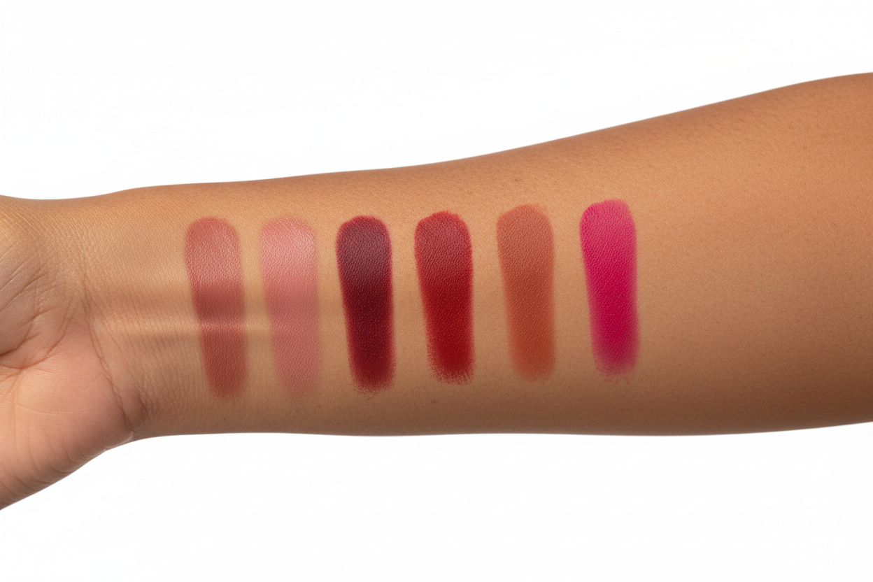 Swatches des 6 couleurs de rouge à lèvres mat